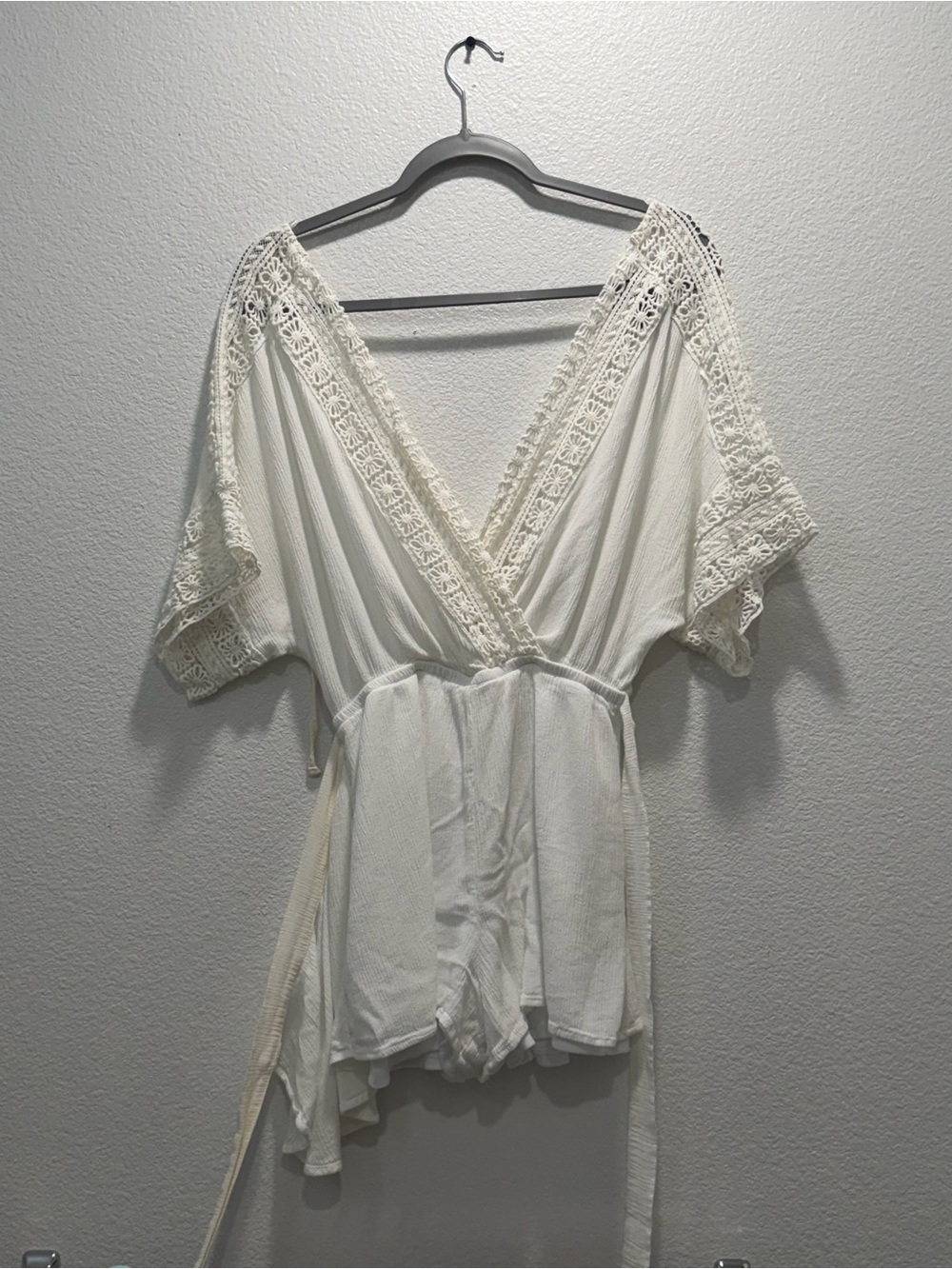Swim Cover Up Ivory Crochet Trim V-Neck Romper White Boho Size Medium